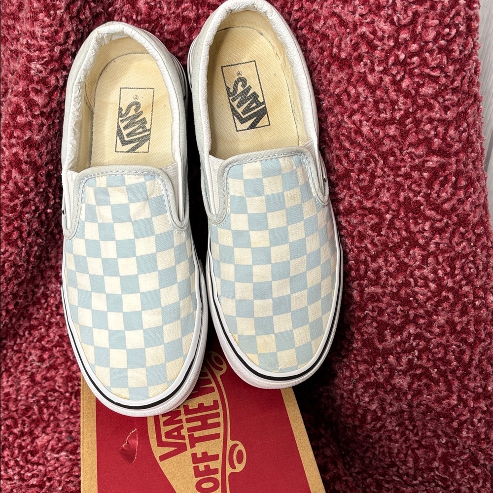 Vans Slip-On Checkerboard Sneakers in Light Blue and White - Picture 5 of 7